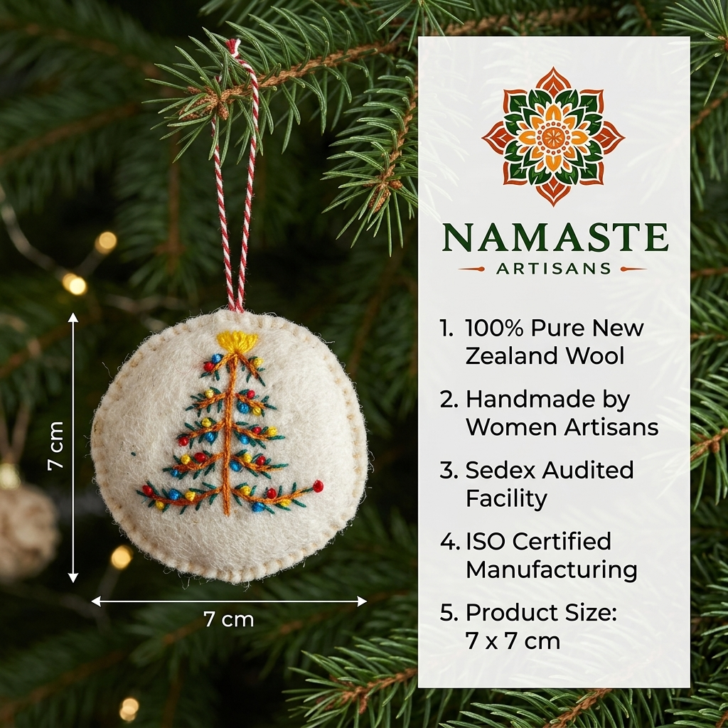 Embroidered Christmas Tree Wool Felt Ornament – Handmade & Shatterproof