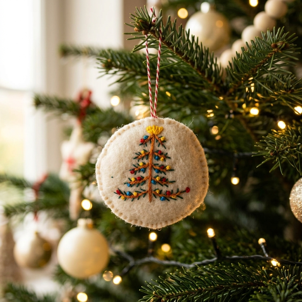 Embroidered Christmas Tree Wool Felt Ornament – Handmade & Shatterproof