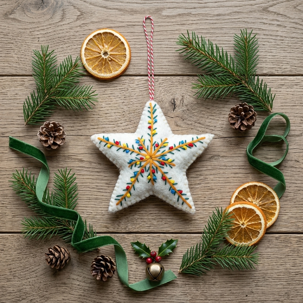Embroidered Star Wool Felt Christmas Ornament – Handmade & Shatterproof