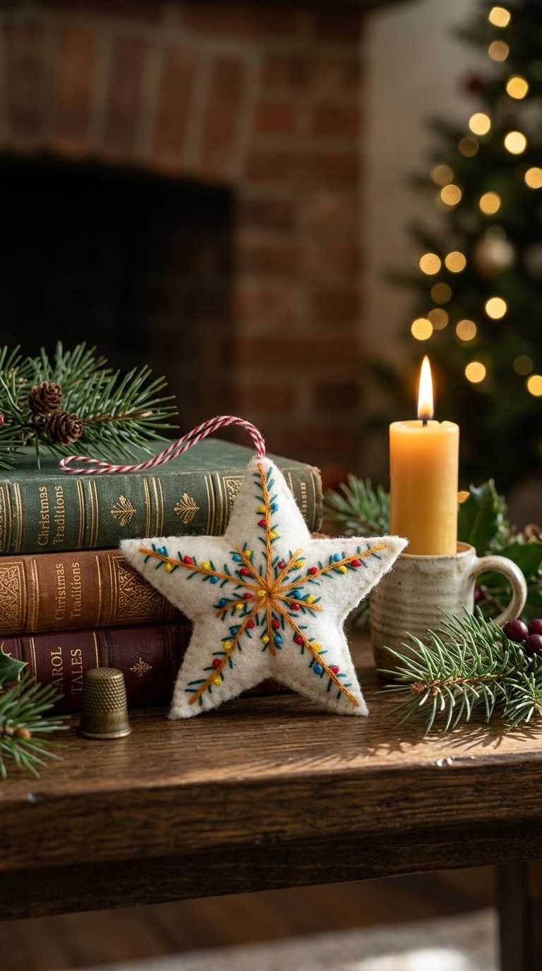 Embroidered Star Wool Felt Christmas Ornament – Handmade & Shatterproof