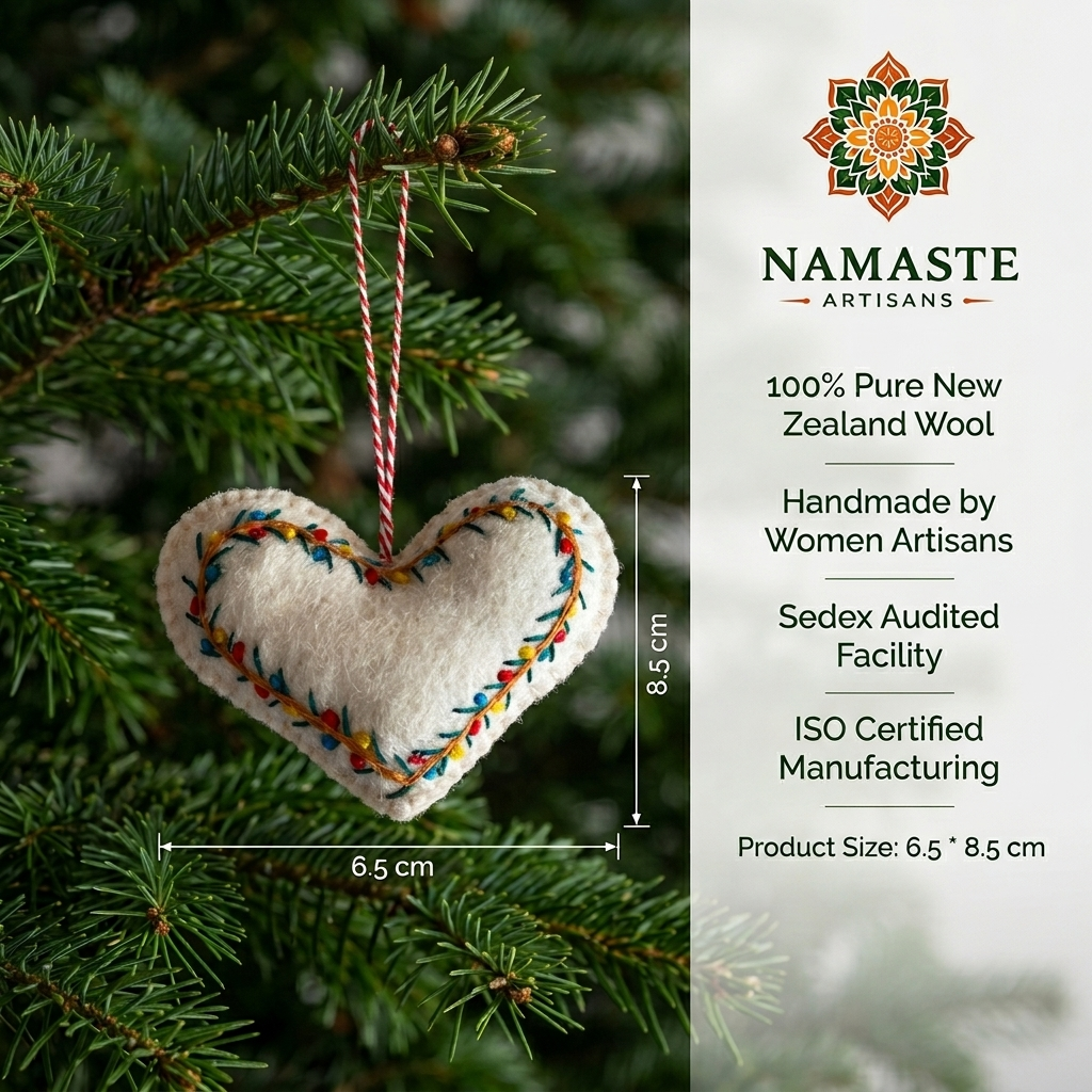 Embroidered Heart Wool Felt Christmas Ornament – Handmade & Shatterproof