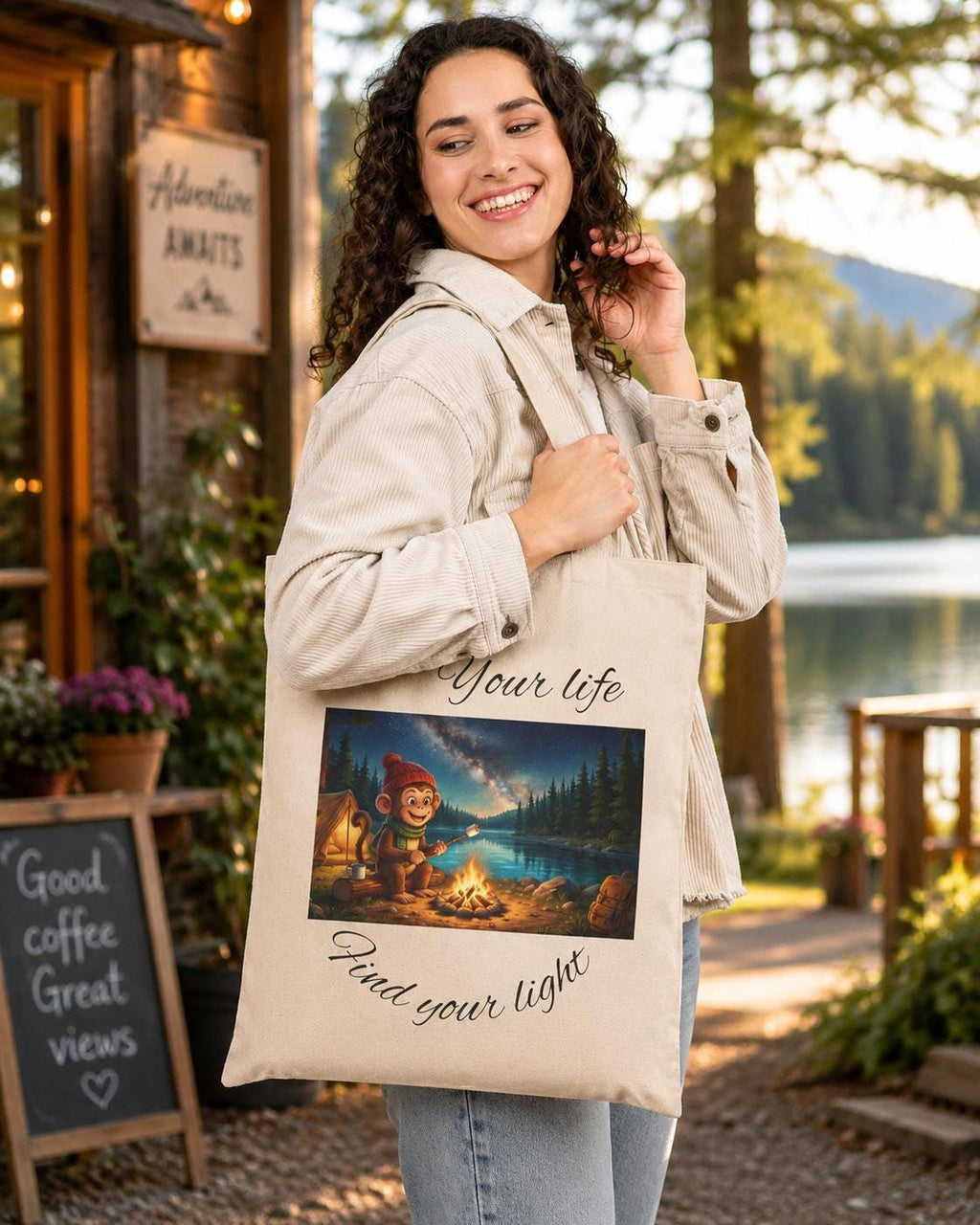 Canvas Tote Bag, Monkey Bag, Camping, Cotton Canvas Bag, Best Friend Gift, Auntie Gift