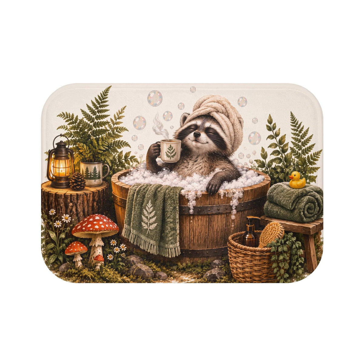Raccoon Spa Bath Mat | Woodland Mushrooms, Ferns, Cozy Soak