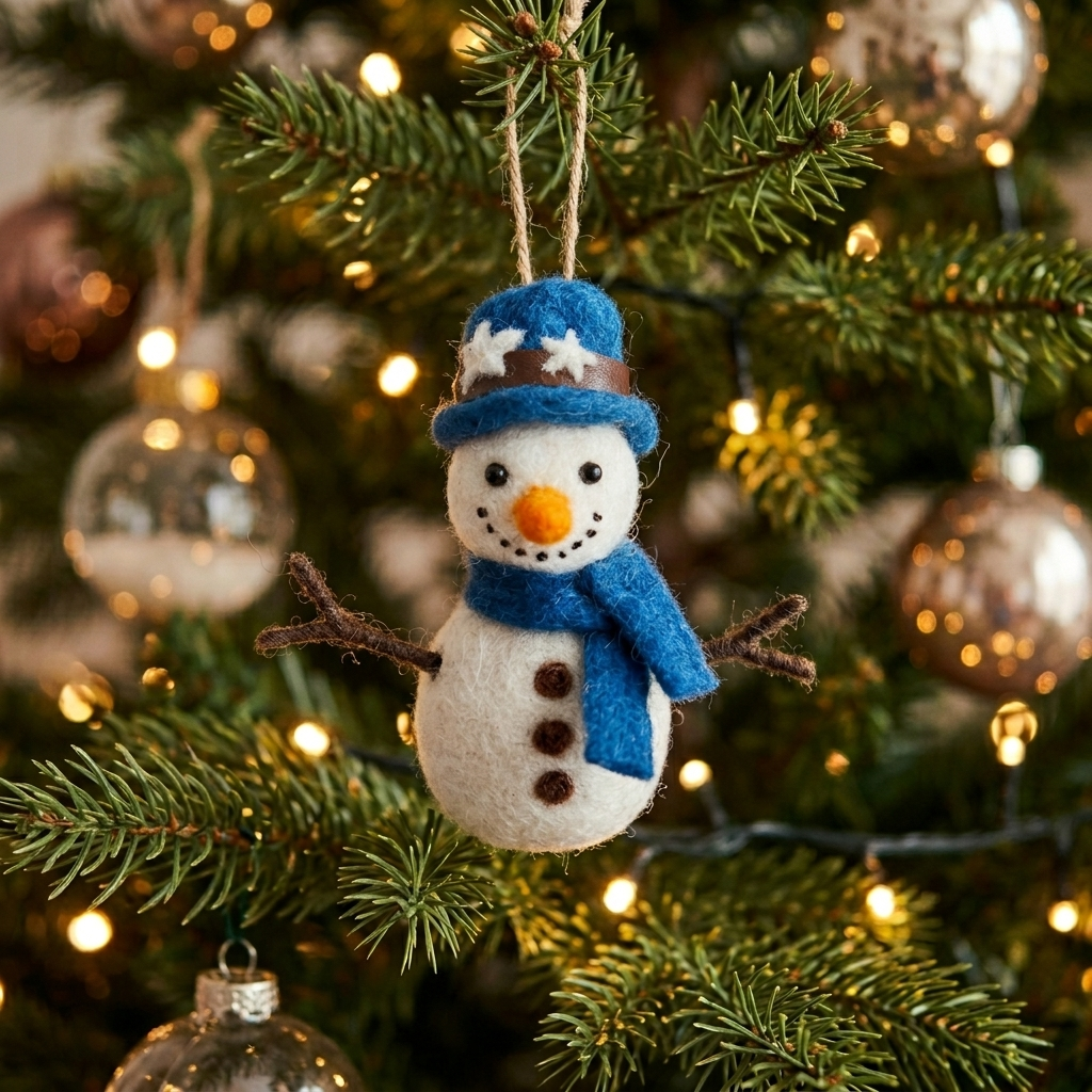 Felt Snowman with Blue Hat Christmas Ornament – Handmade & Shatterproof