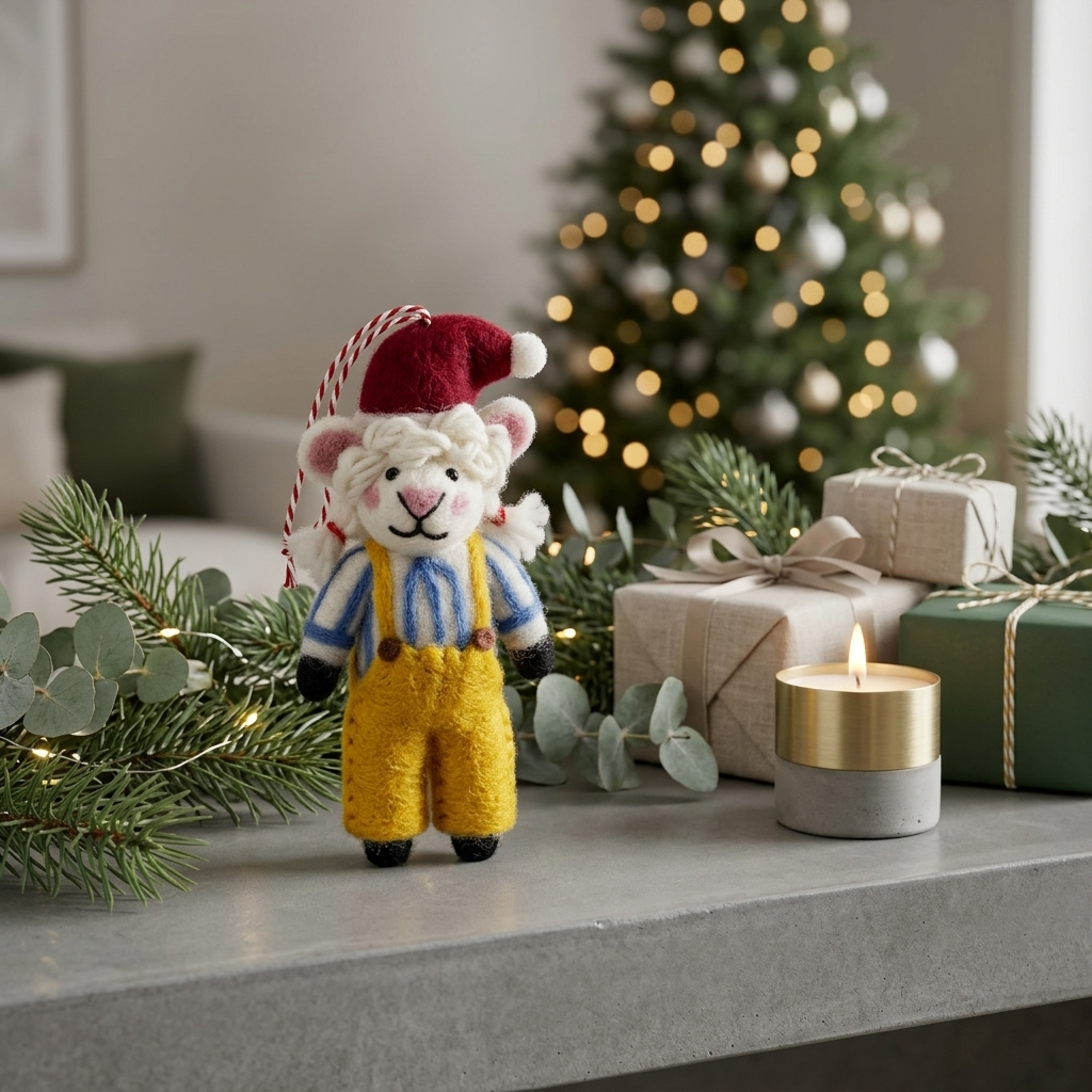 The Festive Little Farmer Sheep Wool Felt Christmas Ornament
