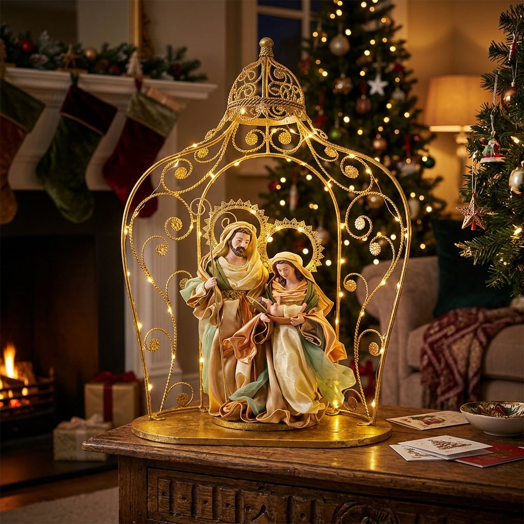 63cm Holy Family Nativity in Gazebo – 36cm Religious Christmas Statue & Christian Decoration