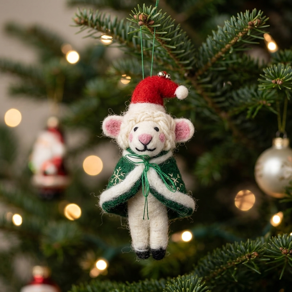 The Winter Wanderer Sheep in Green Snowflake Cape Christmas Ornament
