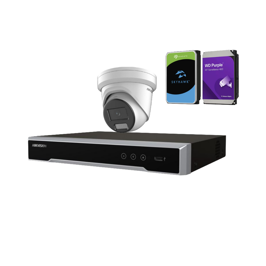 Hikvision upto x4 6MP Darkfighter AcuSense Turret Security Camera Kit + 4‑Channel PoE NVR Kit with Optional HDD | DS‑2CD2366G2H‑I(U) + DS‑7604NI‑M1/4P