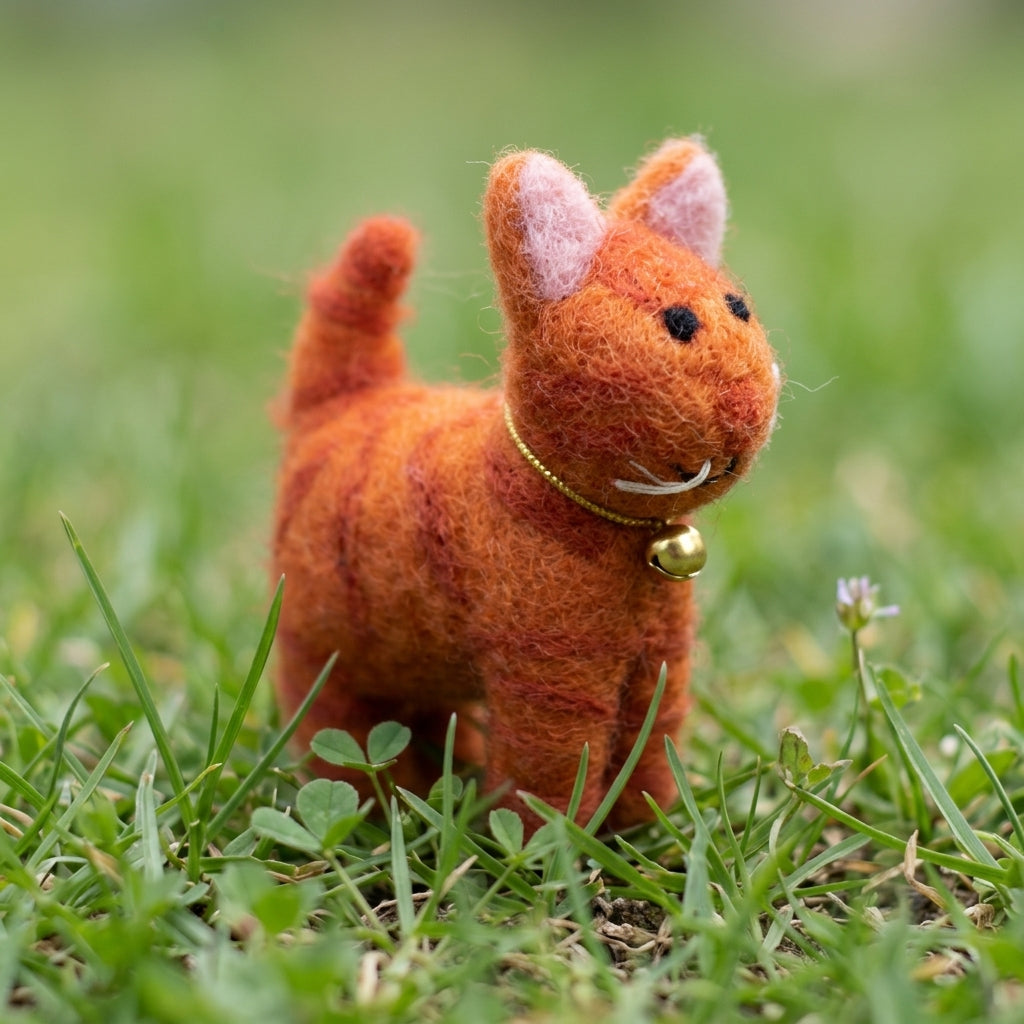 Handmade Felt Orange Tabby Cat Ornament with Bell