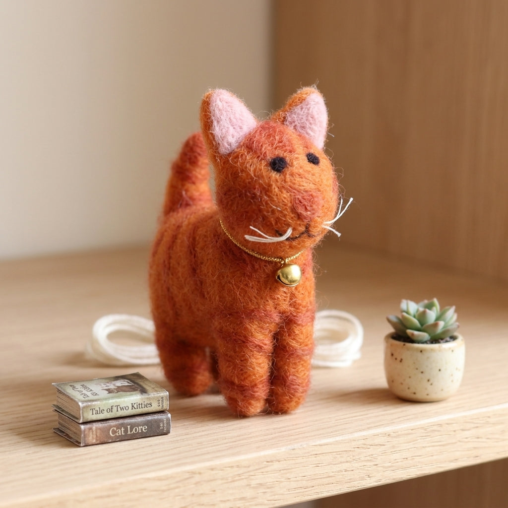 Handmade Felt Orange Tabby Cat Ornament with Bell