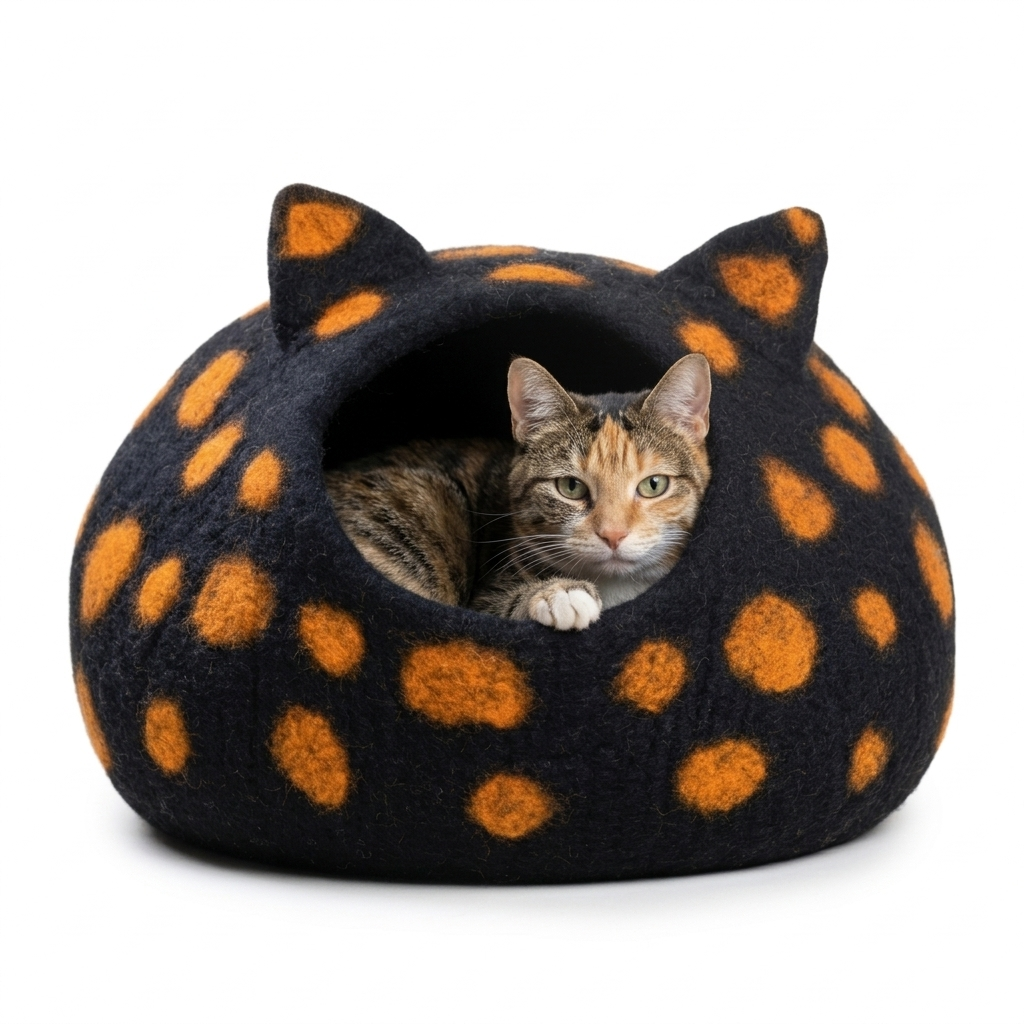 Black and Orange Spotted Wool Cat Cave Bed