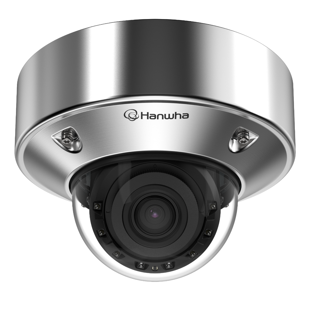 Hanwha Vision HV-XNV-A8084RS 5MP Stainless Steel AI IR Vandal Dome Camera with Wisenet 9 AI, 3.3–9.3mm Varifocal Lens, 50m IR, IP68 & NSF/ANSI 169