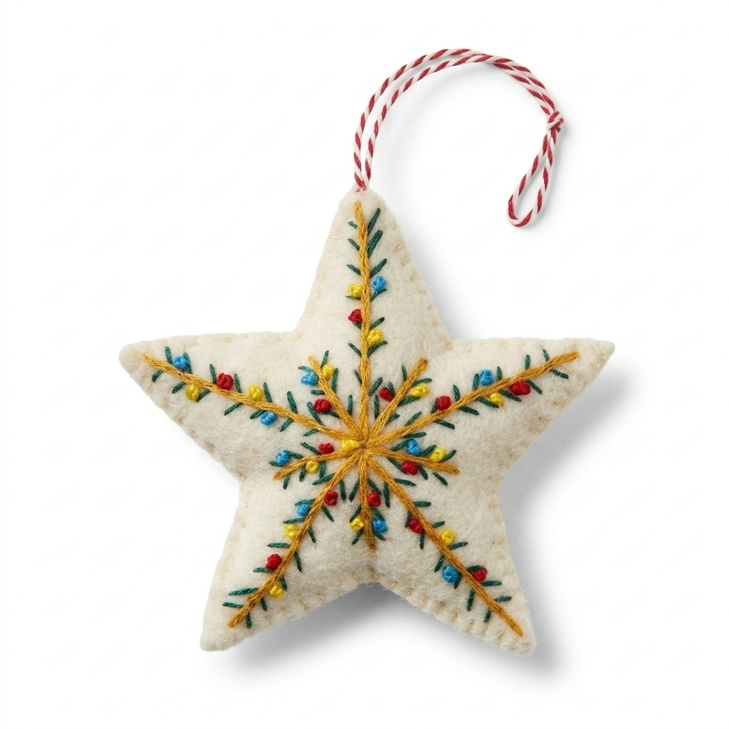 Embroidered Star Wool Felt Christmas Ornament – Handmade & Shatterproof