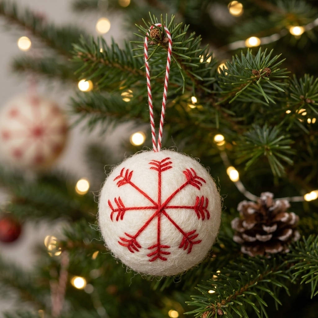 White Snowflake Wool Felt Christmas Bauble Ornament