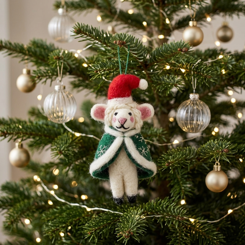 The Winter Wanderer Sheep in Green Snowflake Cape Christmas Ornament