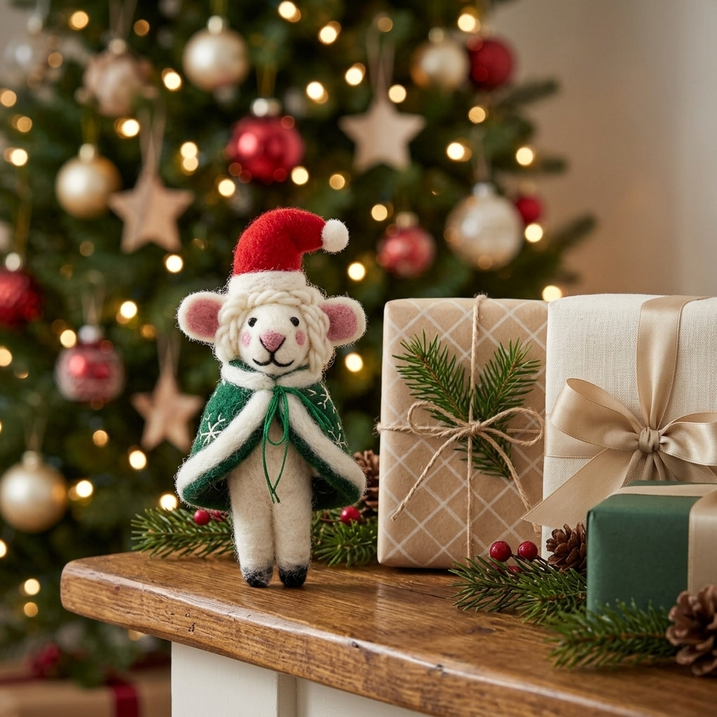 The Winter Wanderer Sheep in Green Snowflake Cape Christmas Ornament