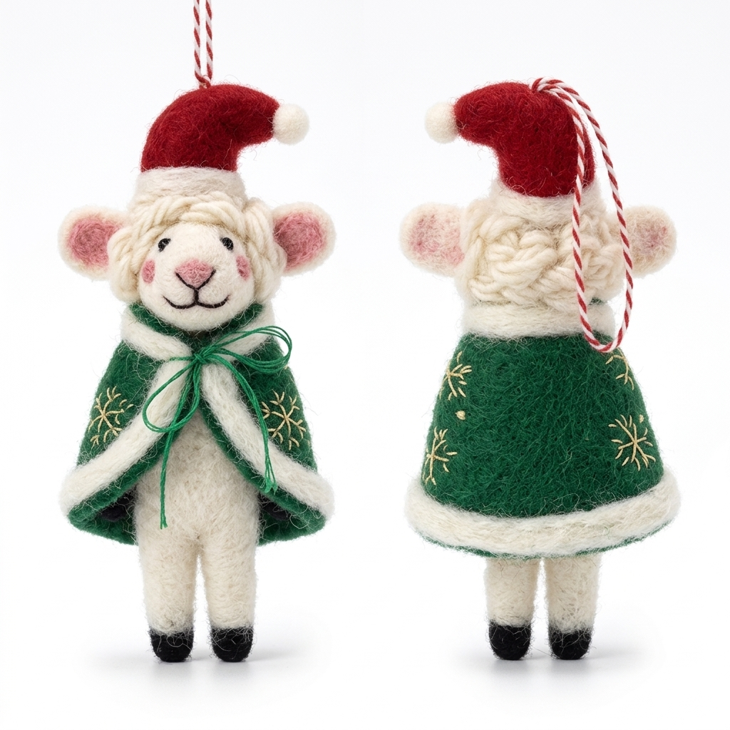 The Winter Wanderer Sheep in Green Snowflake Cape Christmas Ornament